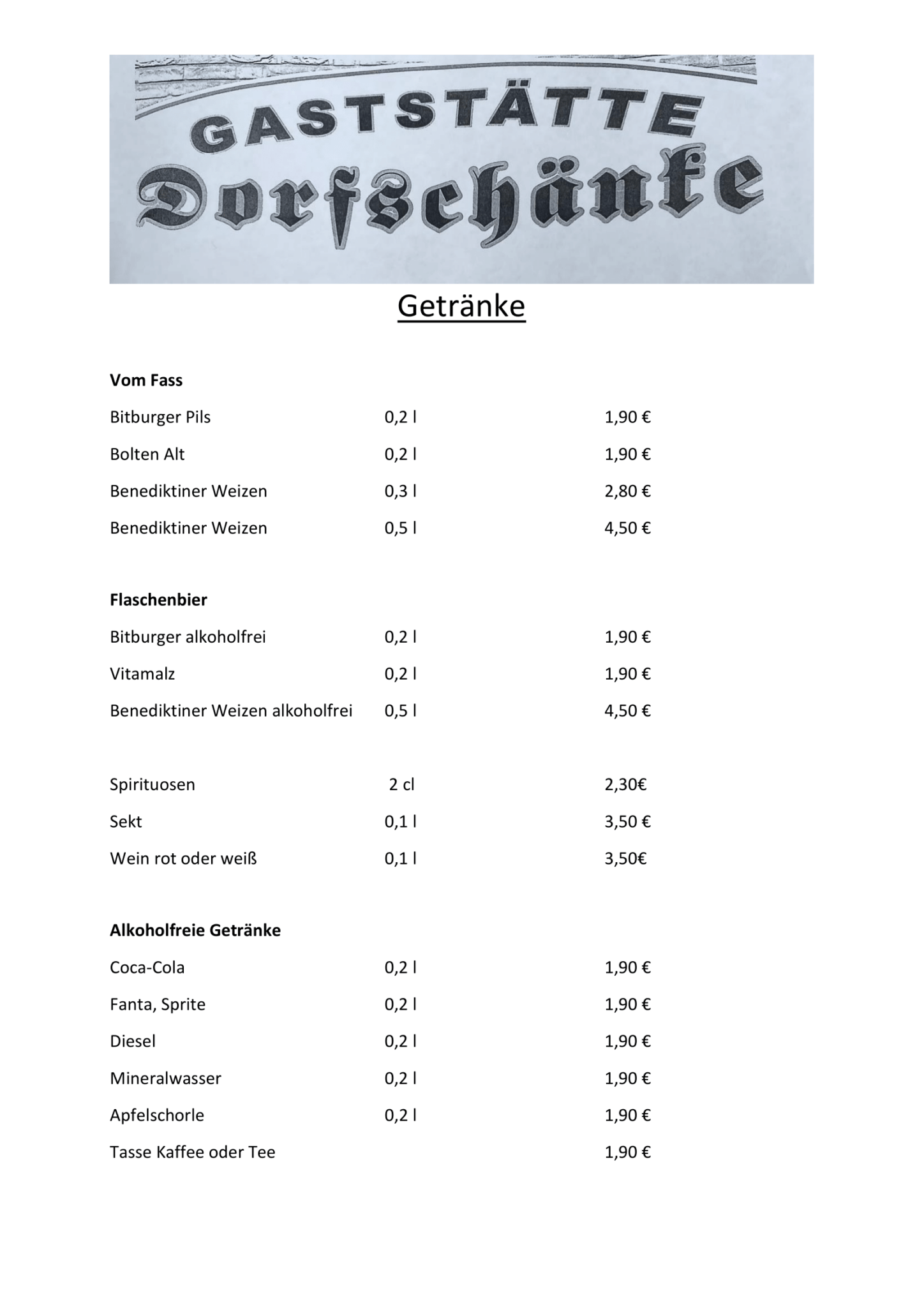 Speisekarte Dorfschänke Aphoven Seite 1 - Hauptgerichte und Schnitzel
