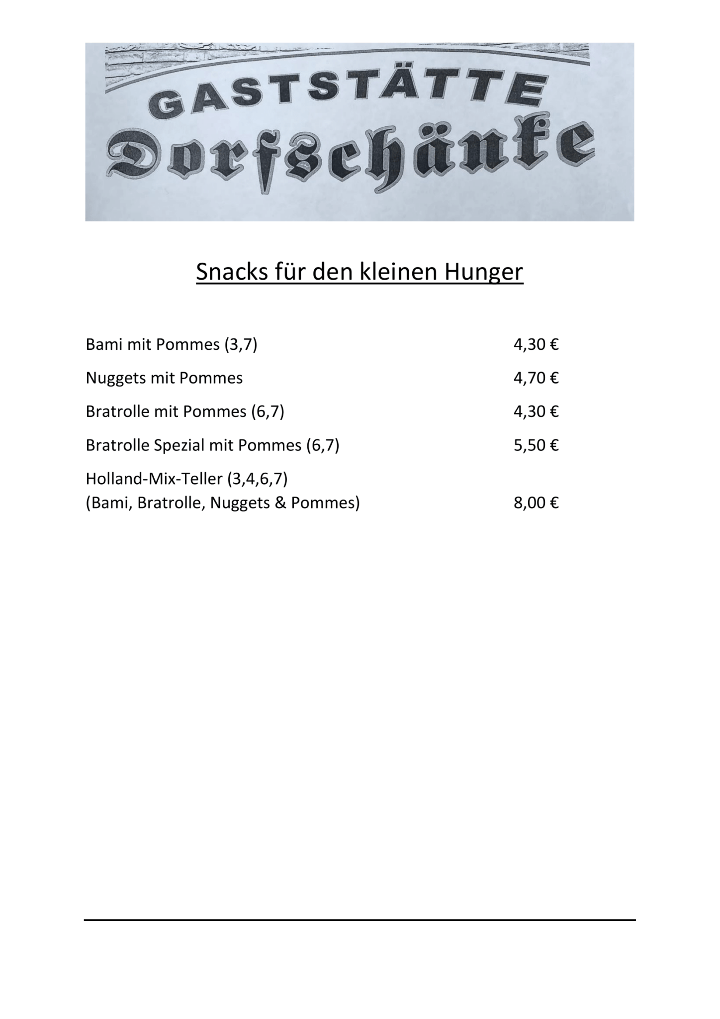 Speisekarte Dorfschänke Aphoven Seite 3 - Salate und Beilagen